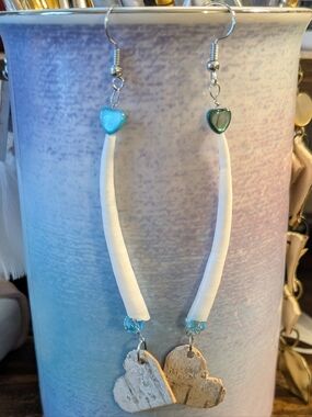 Native American Birch Bark Love Earrings With Dentalium Shells & Teal Beads
